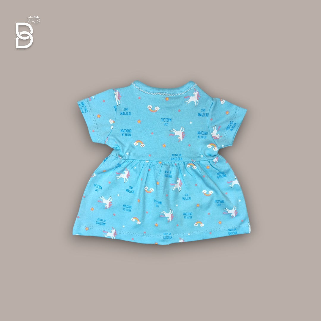 BABY GIRL HALF SLEEVES UNICORN PRINTED FROCK ROUND NECK SKY BLUE COLOR - NATURELLE