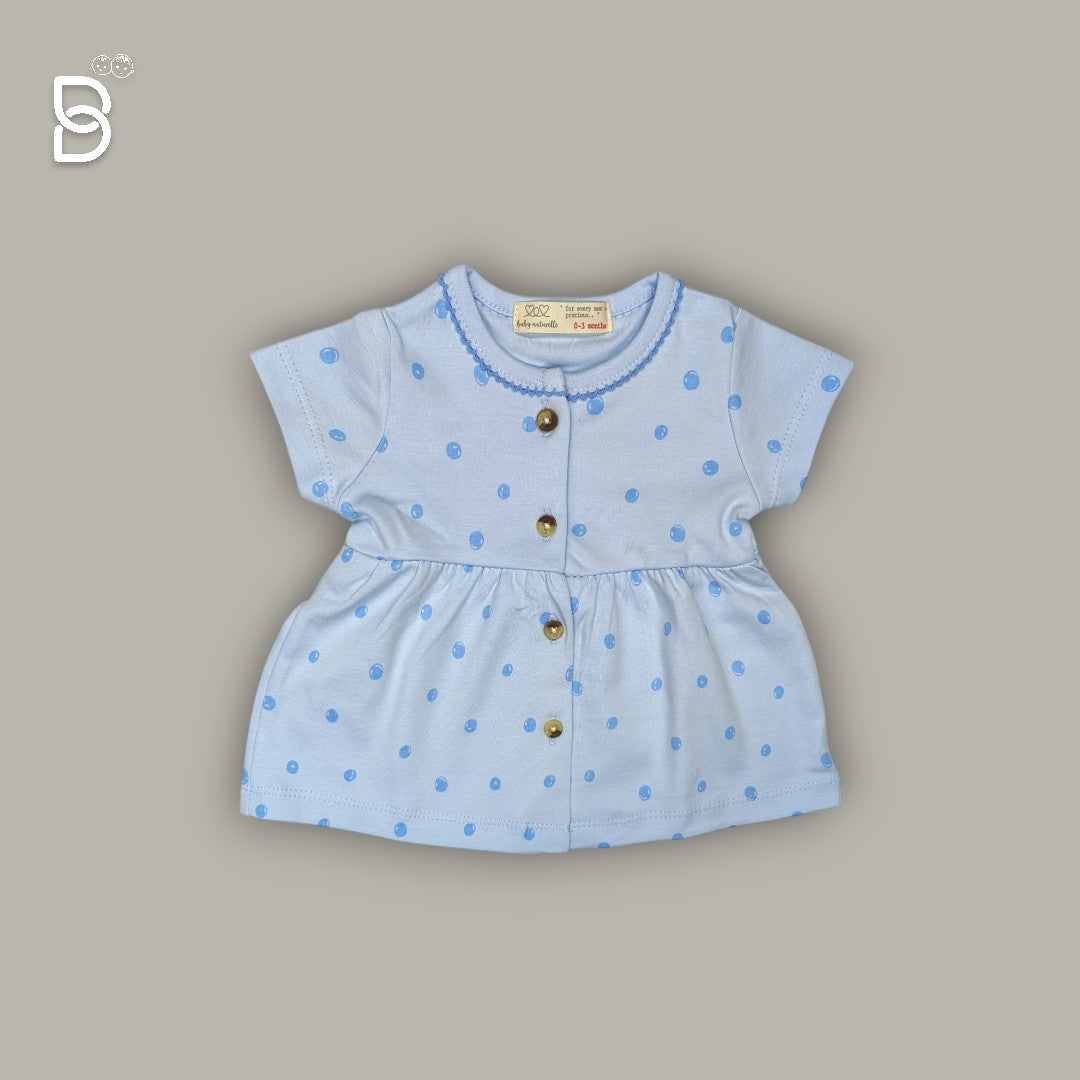 LIGHT BLUE COTTON HALF SLEEVES FROCK WITH POLKA DOTS PRINT
