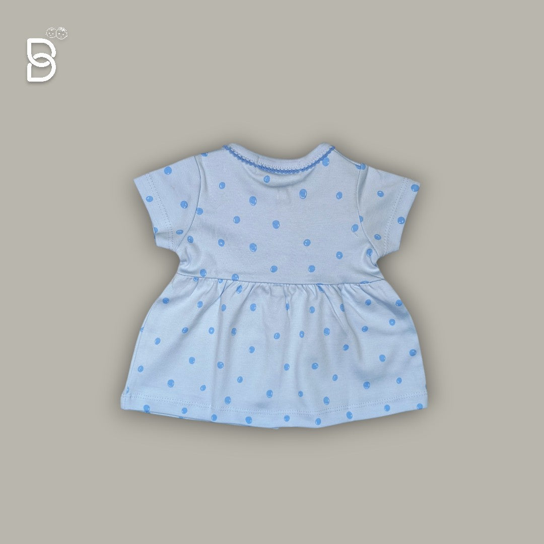 LIGHT BLUE COTTON HALF SLEEVES FROCK WITH POLKA DOTS PRINT