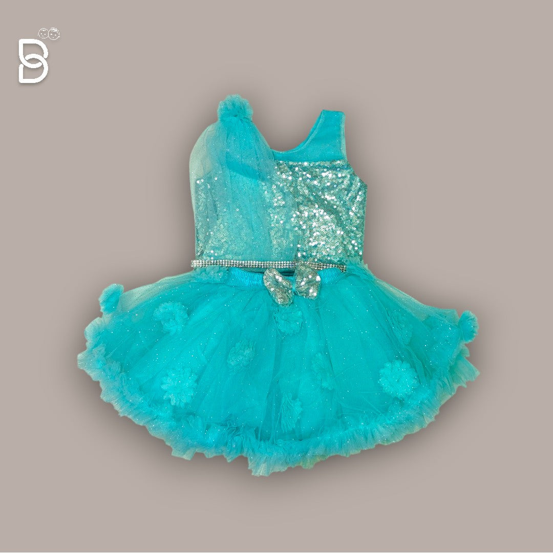 NEW BORN BABY FROCK MULTICOLOR WITH HAIR BAND & SHOE - BLUE