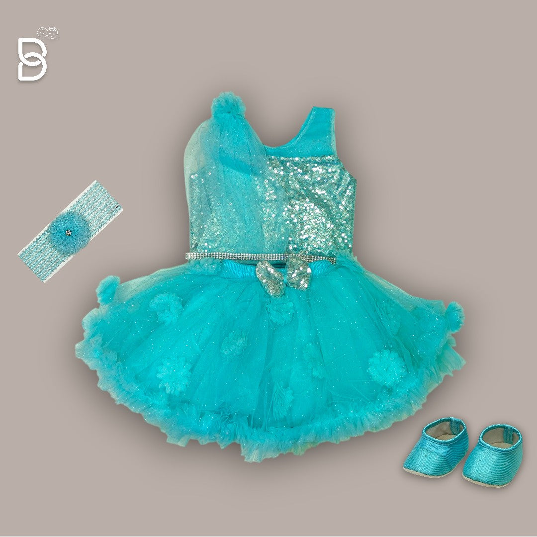NEW BORN BABY FROCK MULTICOLOR WITH HAIR BAND & SHOE - BLUE