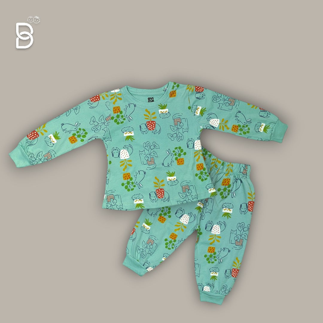 FULL SLEEVES NIGHT SUIT WITH PLANT & ANIMAL PRINT - EVIMO