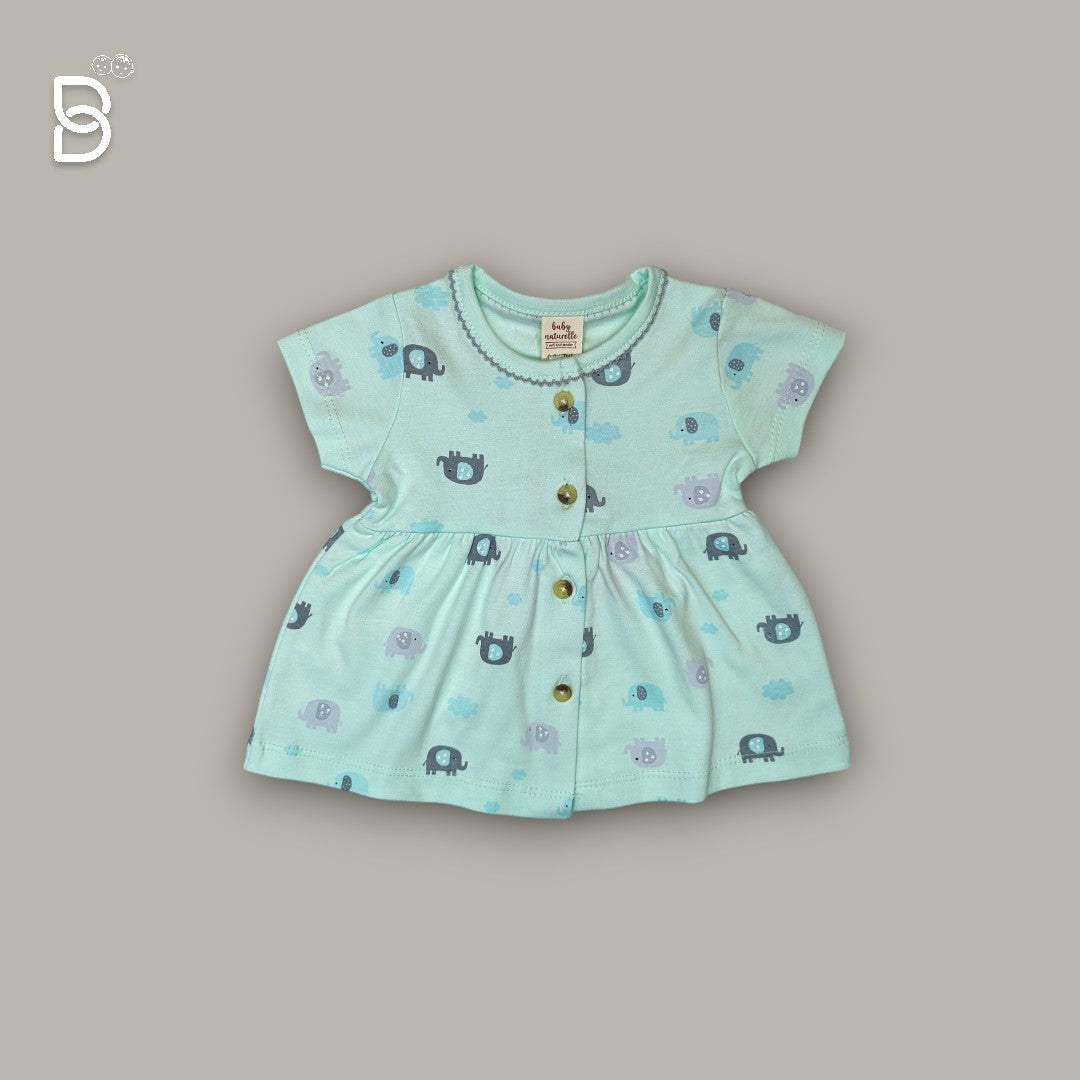 BABY GIRL HALF SLEEVES ELEPHANT PRINTED FROCK ROUND NECK LIGHT GREEN COLOR - NATURELLE