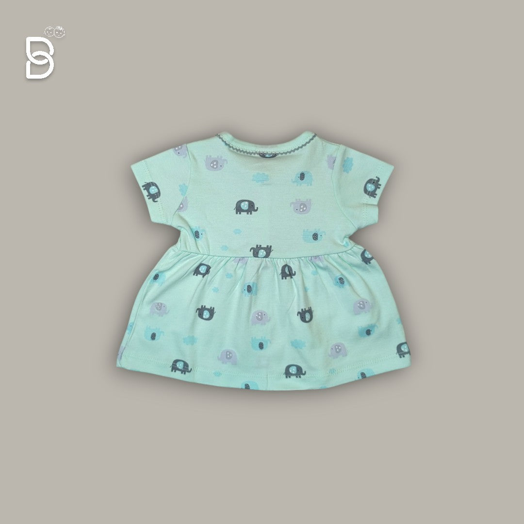 BABY GIRL HALF SLEEVES ELEPHANT PRINTED FROCK ROUND NECK LIGHT GREEN COLOR - NATURELLE