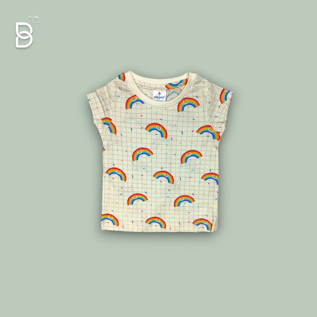 COTTON KNIT HALF SLEEVES NIGHTSUIT WITH RAIMBOW PRINT - CREAM - OLLYPOP