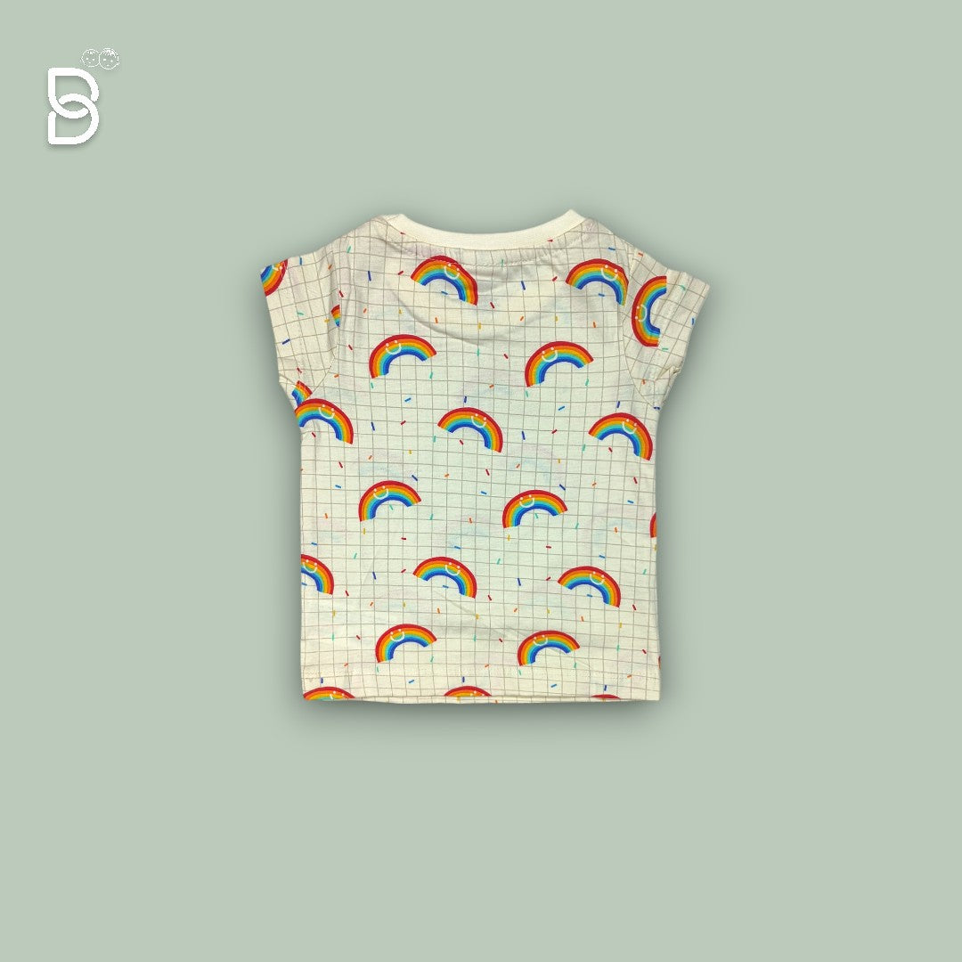 COTTON KNIT HALF SLEEVES NIGHTSUIT WITH RAIMBOW PRINT - CREAM - OLLYPOP