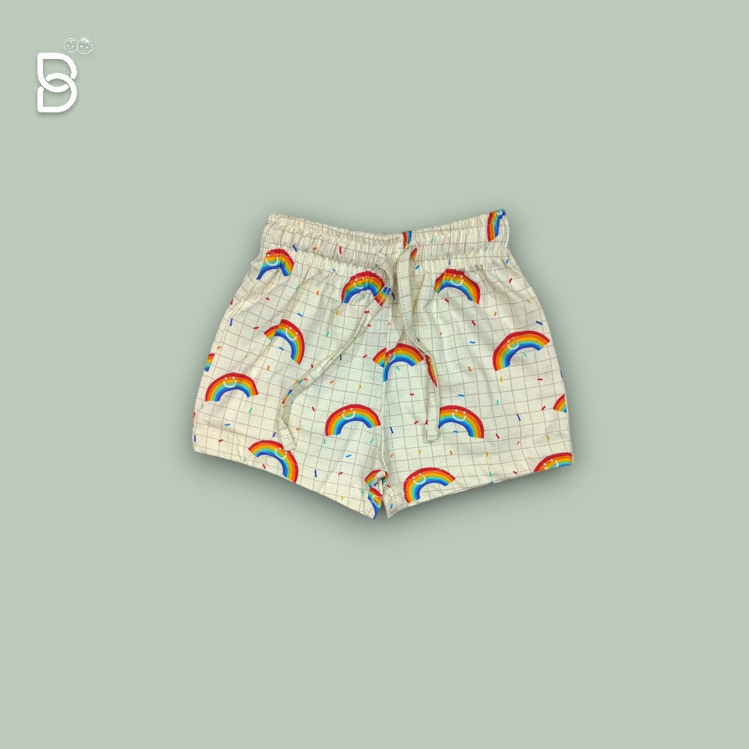 COTTON KNIT HALF SLEEVES NIGHTSUIT WITH RAIMBOW PRINT - CREAM - OLLYPOP