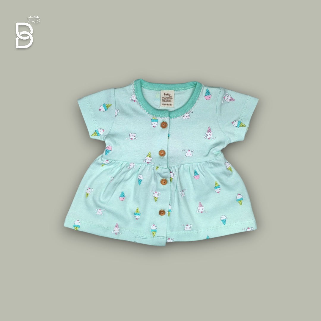 NEW BORN BABY GIRL HALF SLEEVES COTTON FROCK ROUND NECK SEA GREEN COLOR - NATURELLE