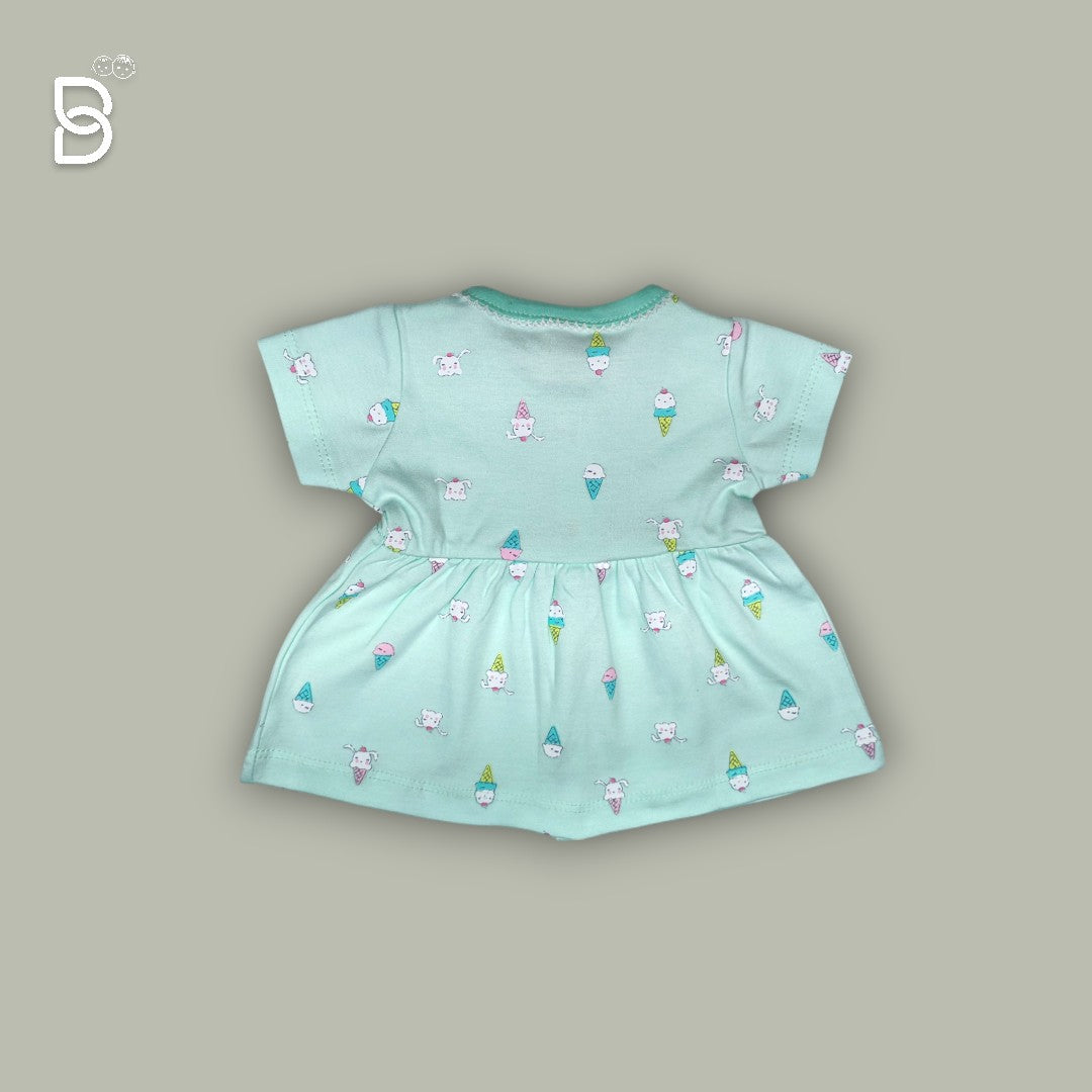 NEW BORN BABY GIRL HALF SLEEVES COTTON FROCK ROUND NECK SEA GREEN COLOR - NATURELLE