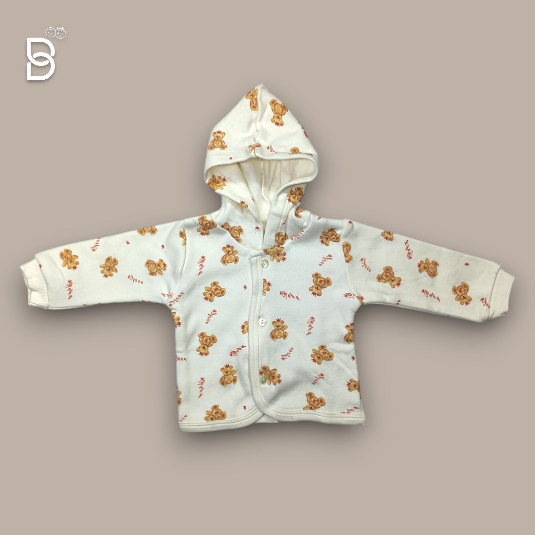 NEW BORN BABY HODDIE CREAM COLOR WITH TEDDY PRINT- PINK RABBIT