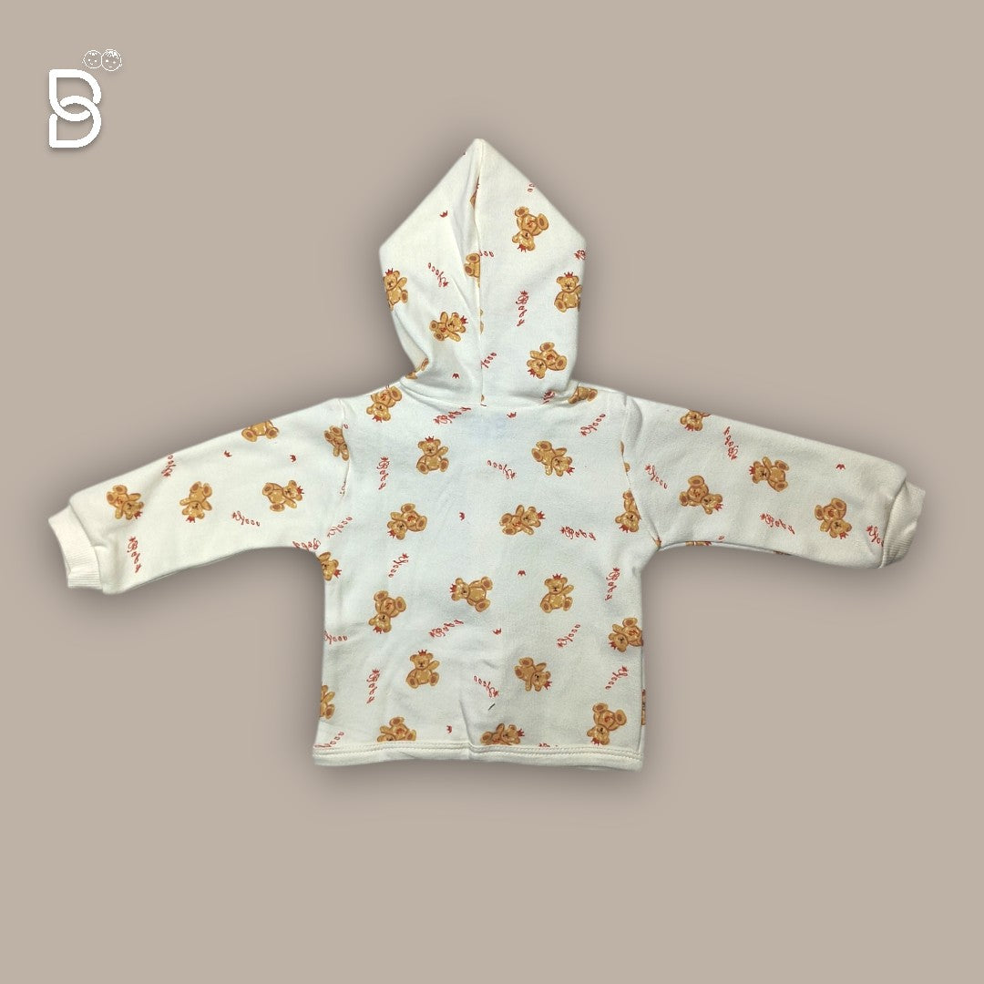 NEW BORN BABY HODDIE CREAM COLOR WITH TEDDY PRINT- PINK RABBIT