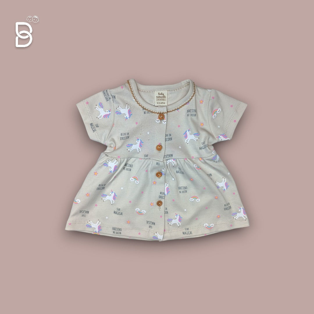 BABY GIRL HALF SLEEVES UNICORN PRINTED FROCK ROUND NECK GREY COLOR - NATURELLE