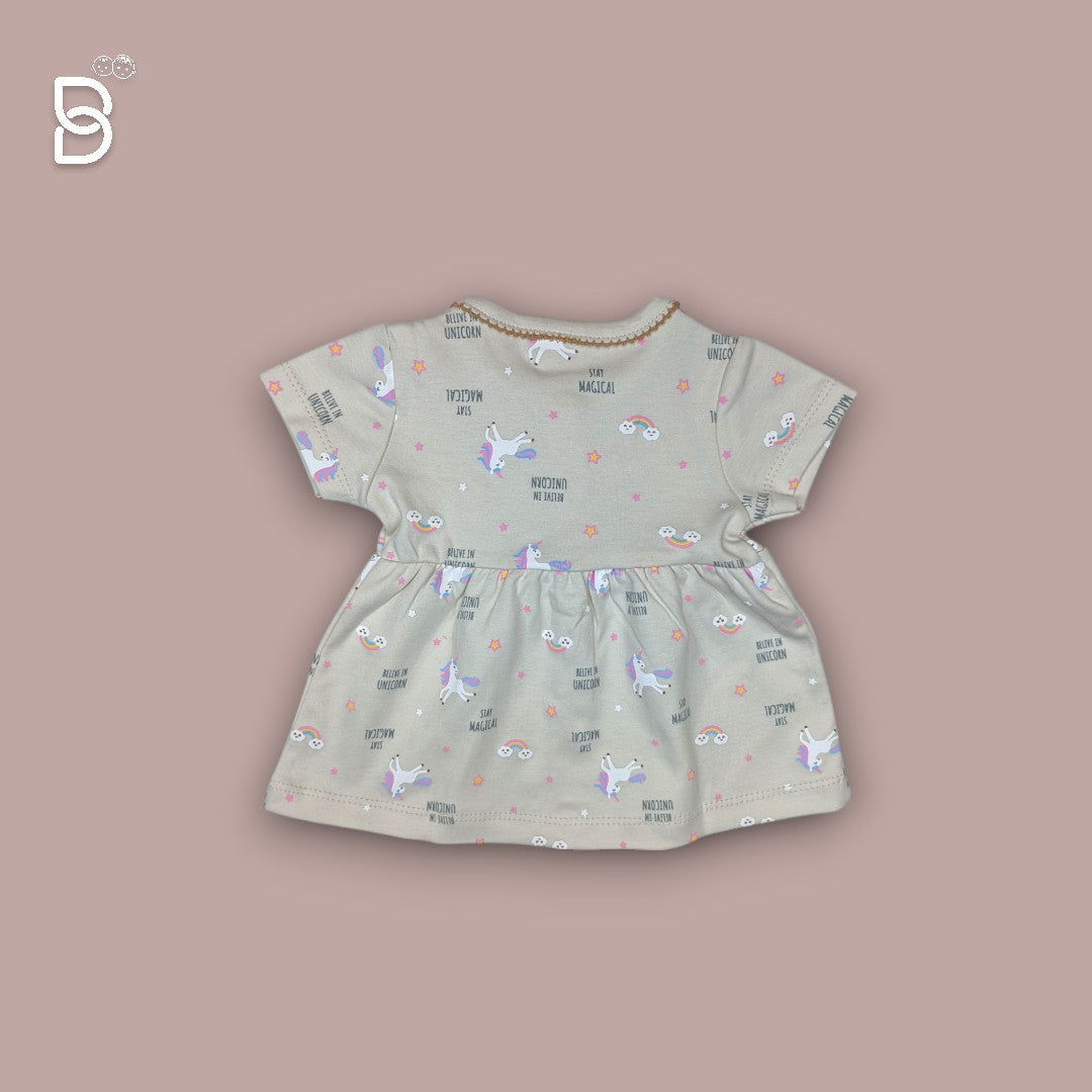 BABY GIRL HALF SLEEVES UNICORN PRINTED FROCK ROUND NECK GREY COLOR - NATURELLE