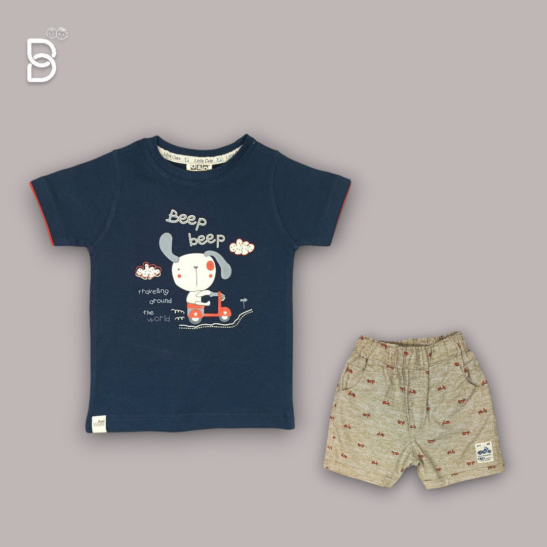KIDS CASUAL WEAR PRINTED T-SHIRT & NICKER NAVY BLUE - O&O