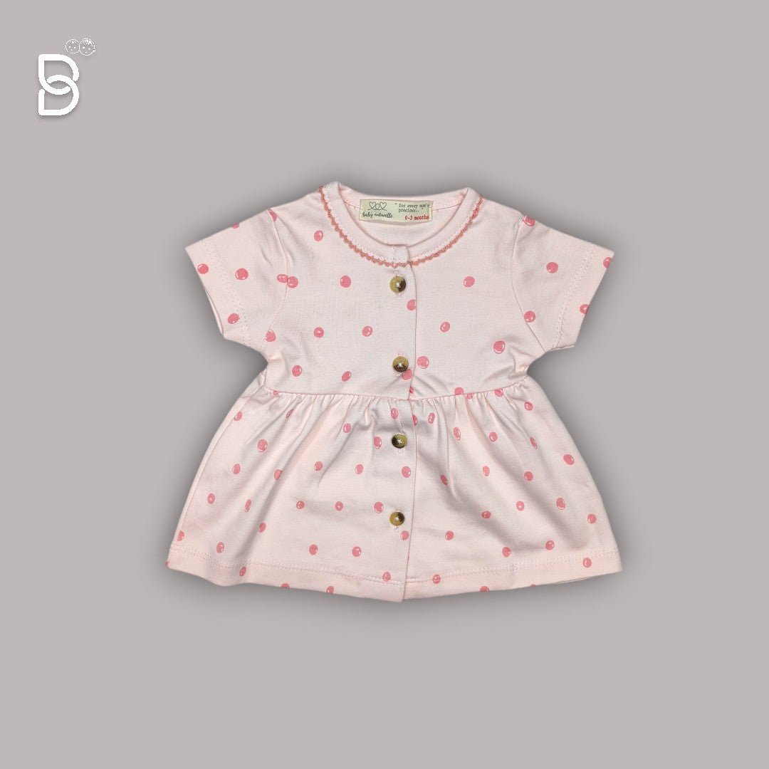 OYSTER PINK GREY COTTON HALF SLEEVES FROCK WITH POLKA DOTS PRINT