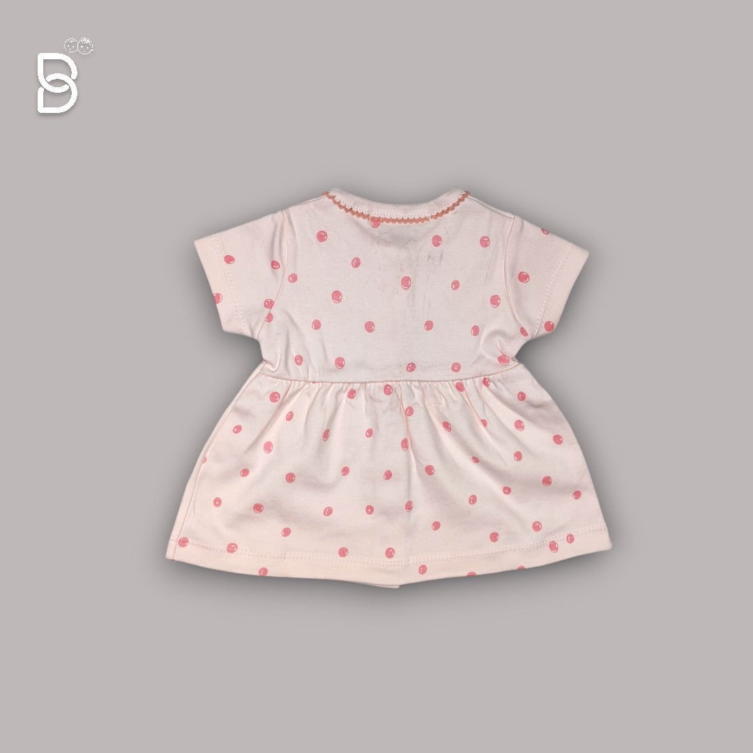OYSTER PINK GREY COTTON HALF SLEEVES FROCK WITH POLKA DOTS PRINT