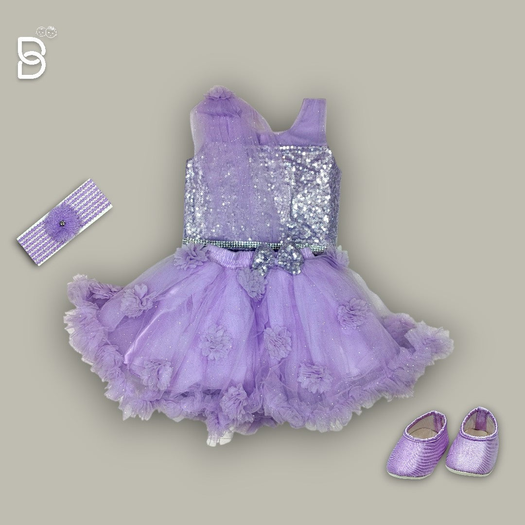 NEW BORN PARTY WEAR FROCK WITH HAIR BAND & SHOE PURPLE COLOR