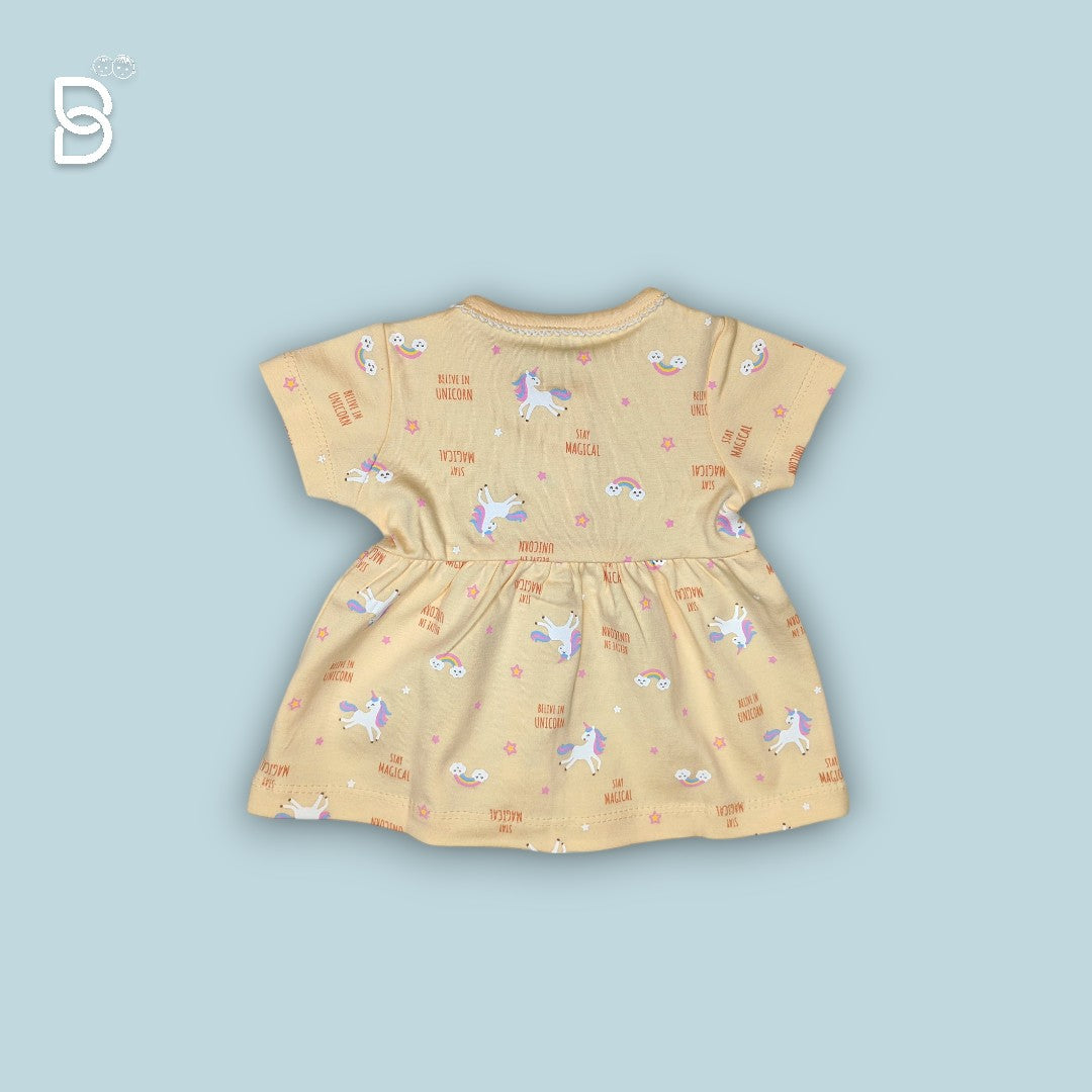 BABY GIRL HALF SLEEVES UNICORN PRINTED FROCK ROUND NECK YELLOW COLOR - NATURELLE