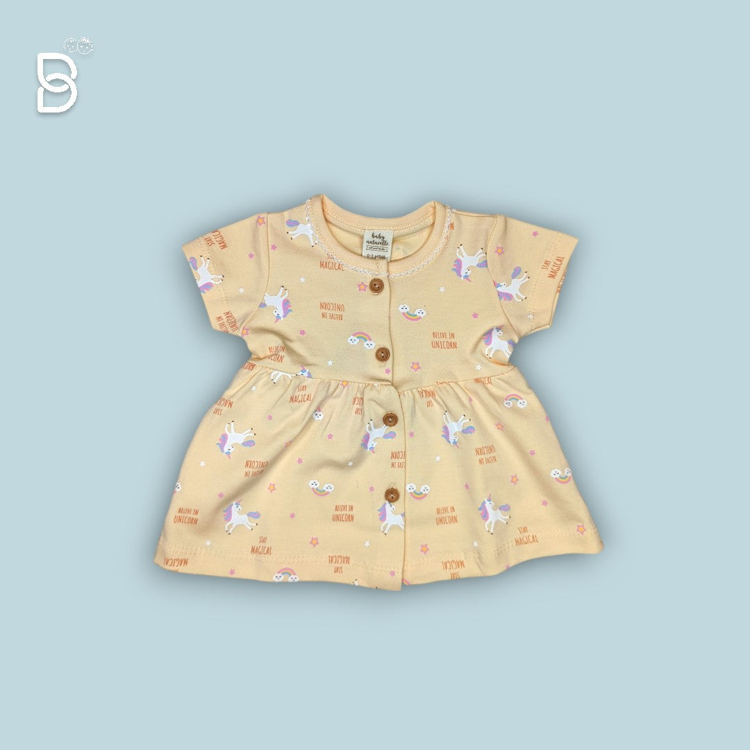 BABY GIRL HALF SLEEVES UNICORN PRINTED FROCK ROUND NECK YELLOW COLOR - NATURELLE