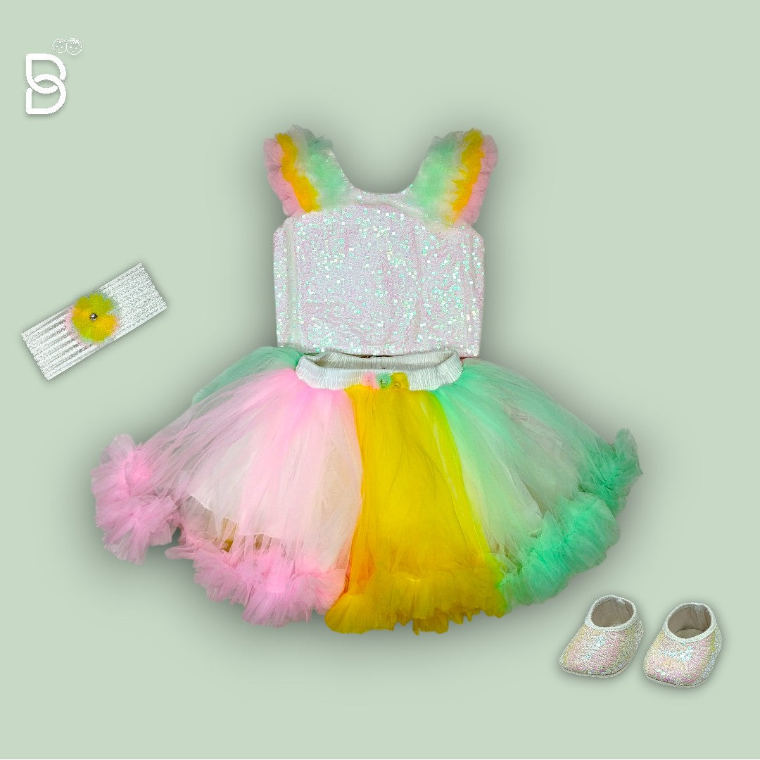 NEW BORN BABY FROCK MULTICOLOR WITH HAIR BAND & SHOE - MULTI