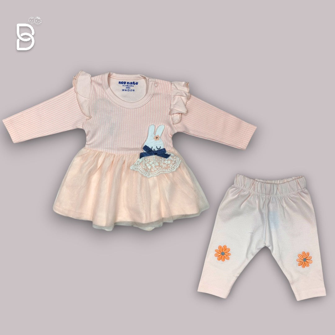 GIRLS COTTON FROCK & PANT PEACH COLOUR
