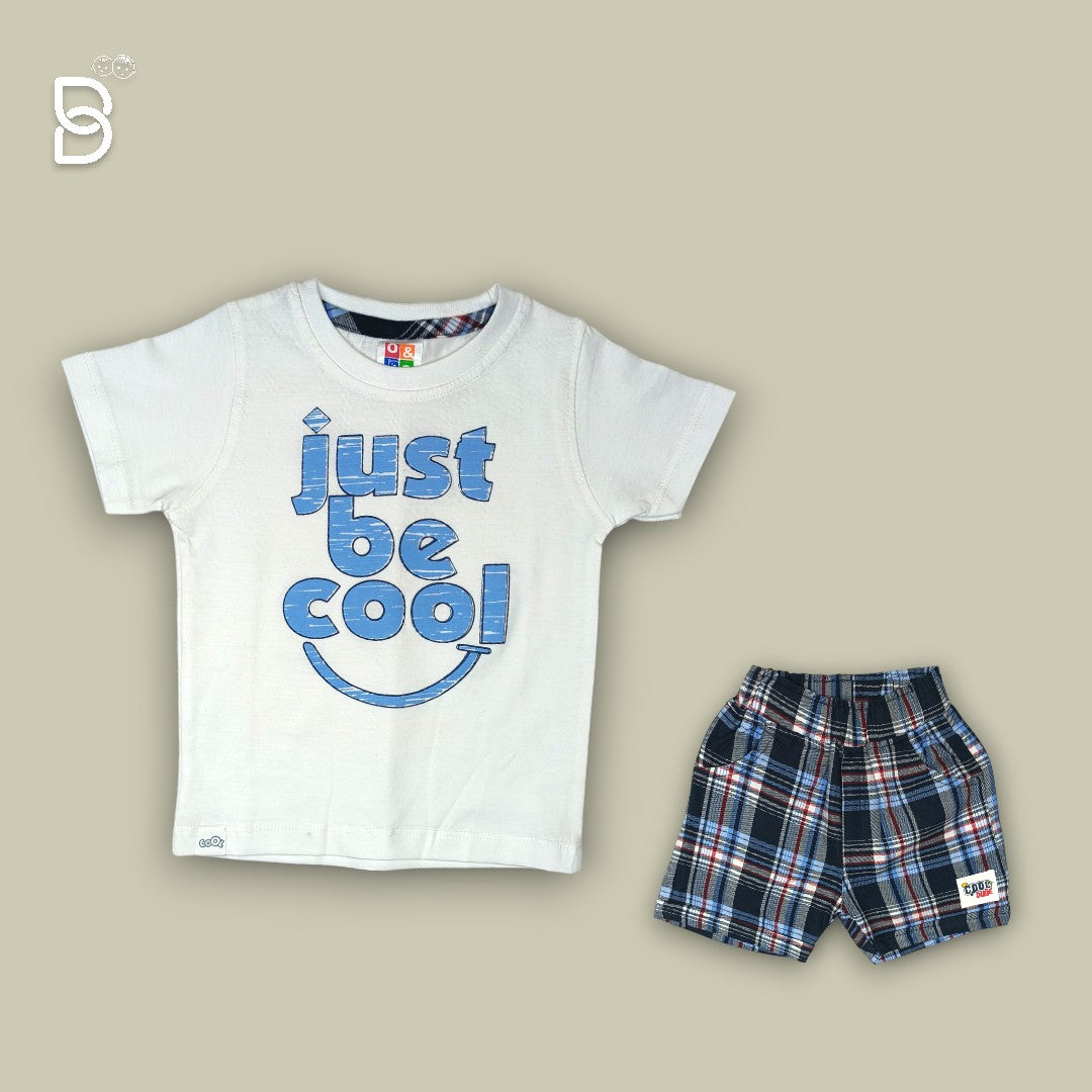 KIDS CASUAL WEAR T-SHIR & CHECKERED NICKER WHITE & BLUE - O&O