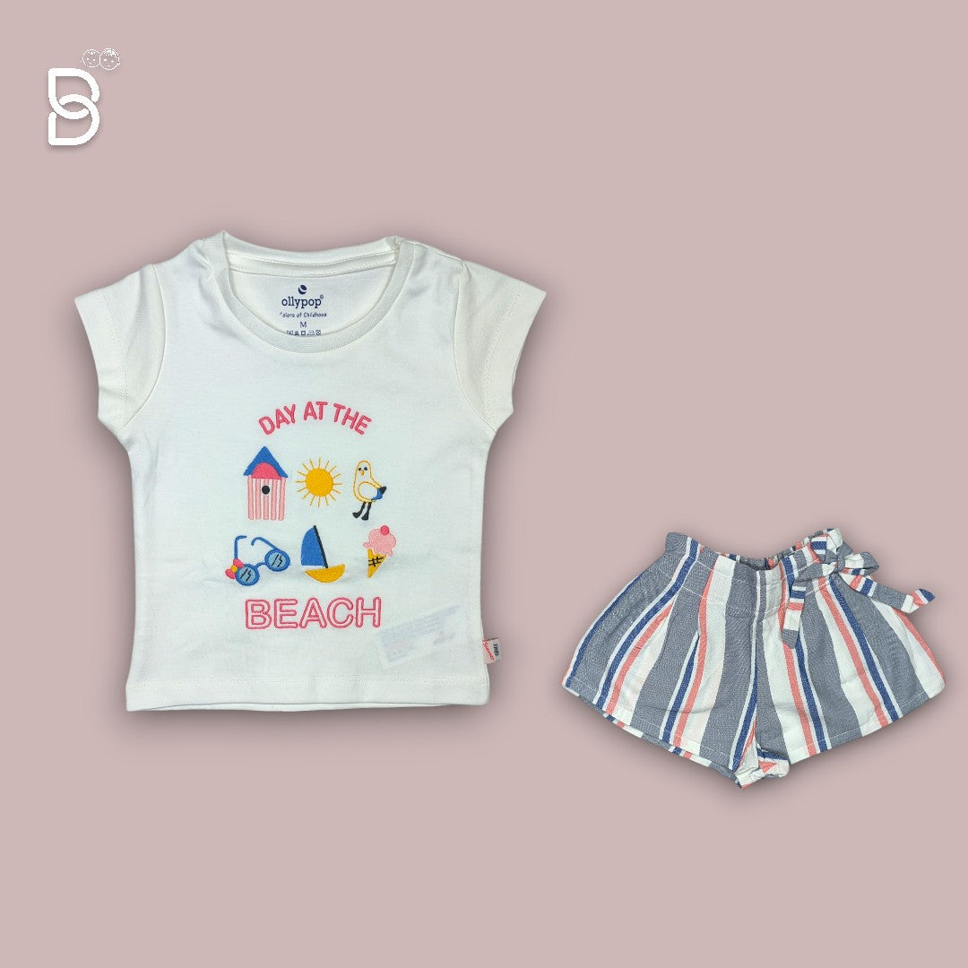 HALF SLEEVES T-SHIRT & STRIPED SHORTS SET WITH BEACH THEME - WHITE - OLLYPOP