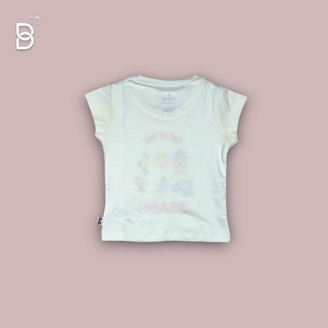 HALF SLEEVES T-SHIRT & STRIPED SHORTS SET WITH BEACH THEME - WHITE - OLLYPOP