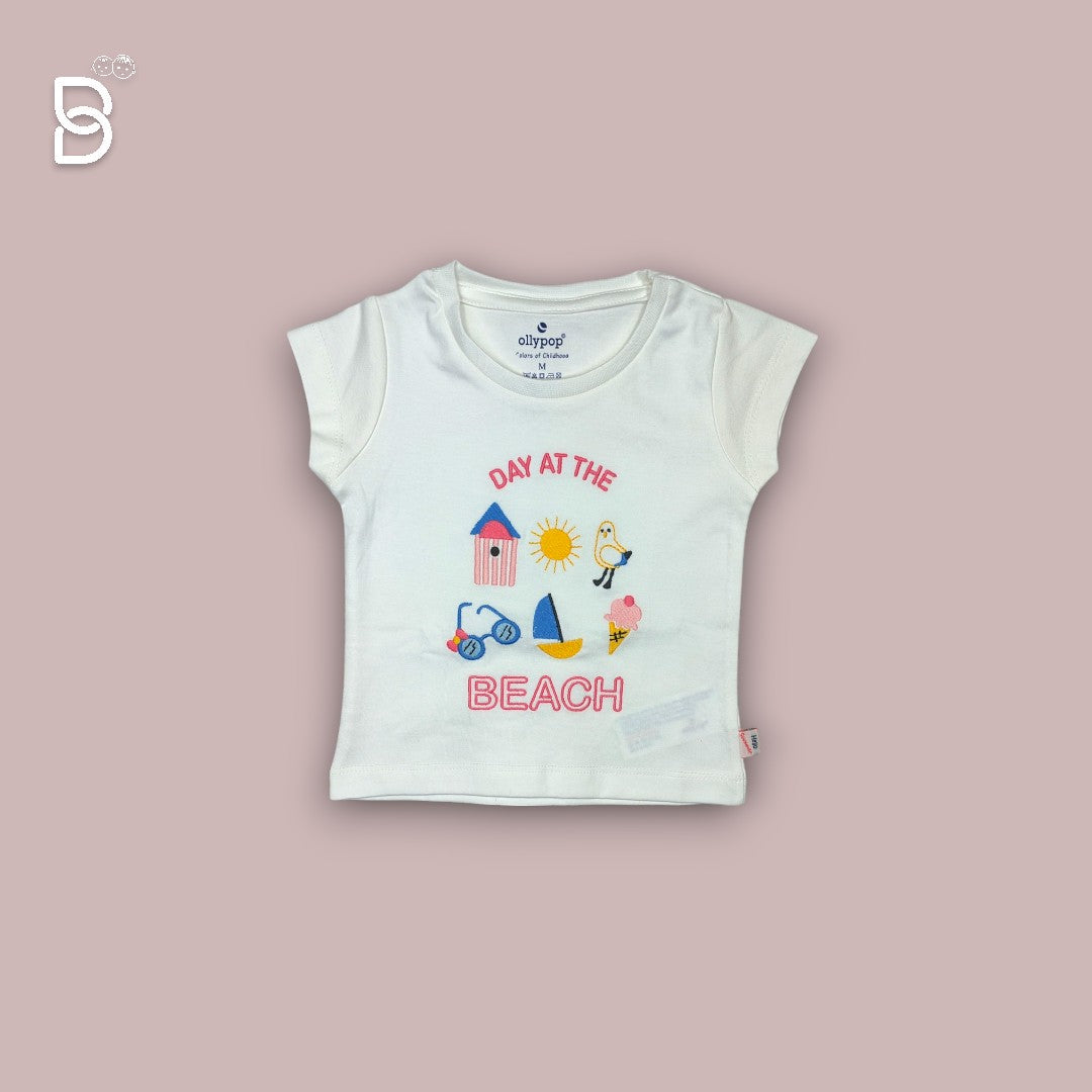 HALF SLEEVES T-SHIRT & STRIPED SHORTS SET WITH BEACH THEME - WHITE - OLLYPOP