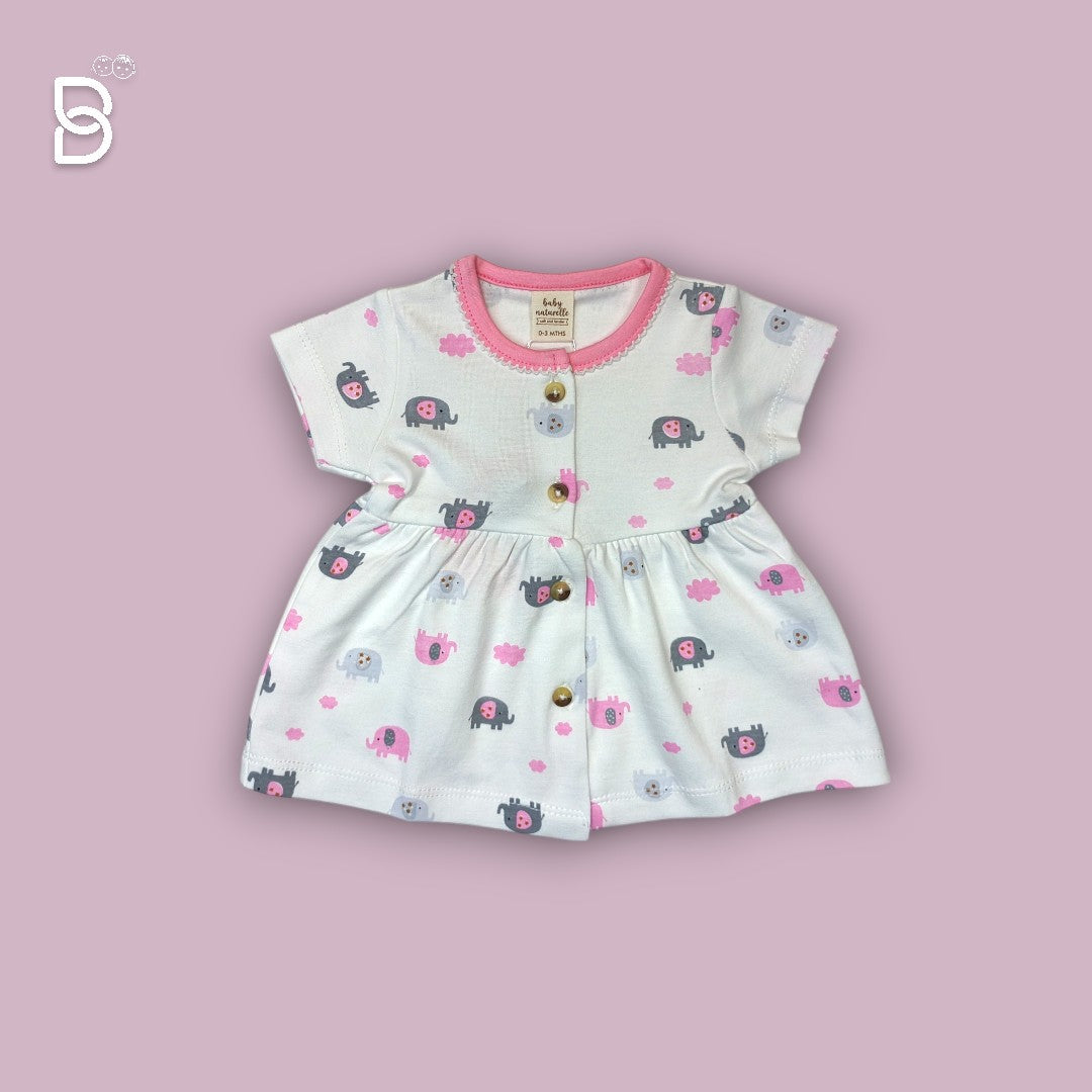 BABY GIRL HALF SLEEVES ELEPHANT PRINTED FROCK ROUND NECK WHITE & PINK COLOR - NATURELLE
