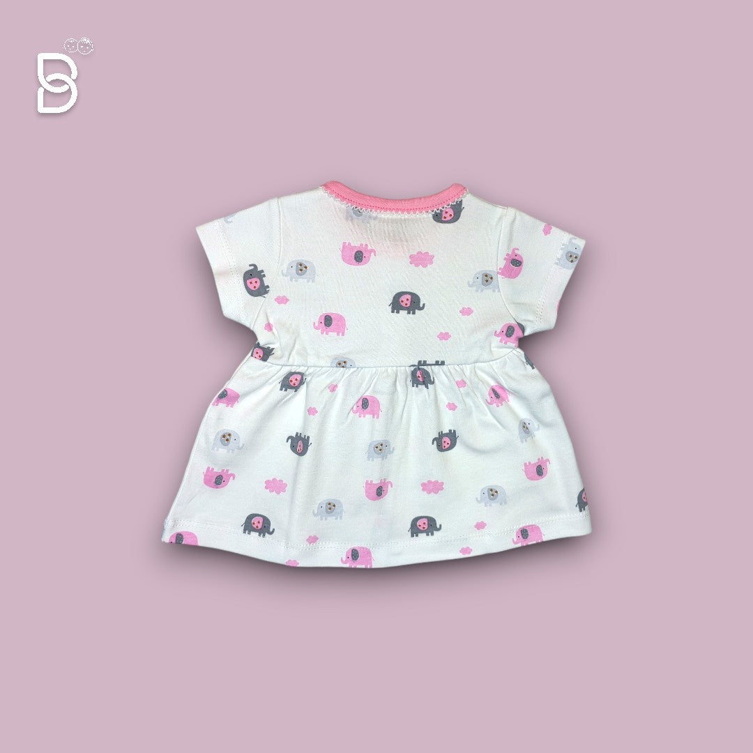 BABY GIRL HALF SLEEVES ELEPHANT PRINTED FROCK ROUND NECK WHITE & PINK COLOR - NATURELLE