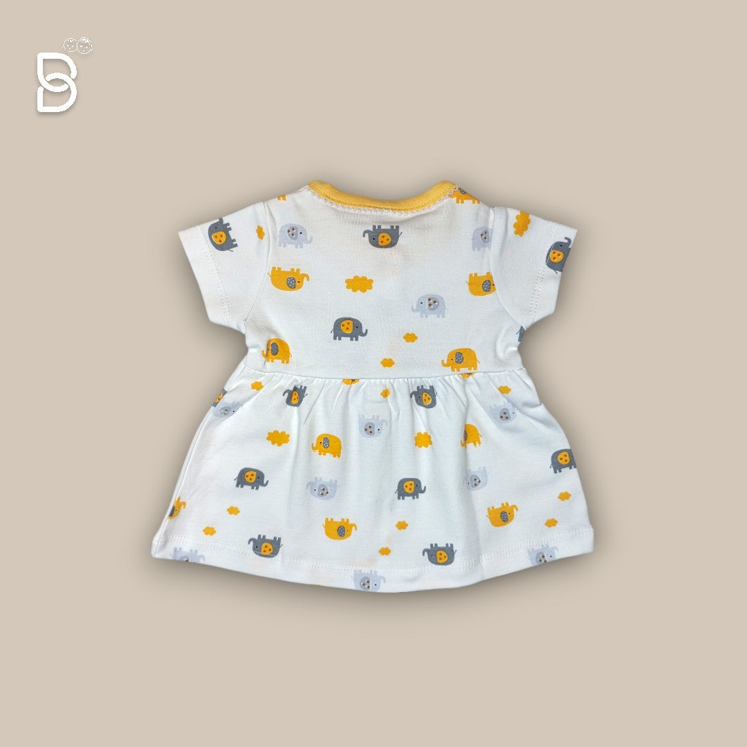 BABY GIRL HALF SLEEVES ELEPHANT PRINTED FROCK ROUND NECK WHITE & YELLOW COLOR - NATURELLE