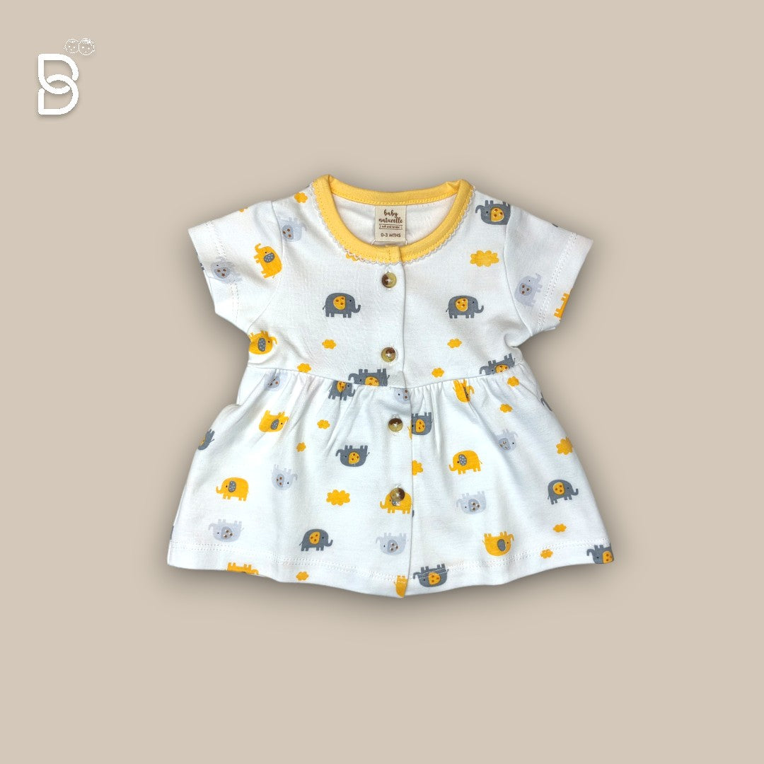 BABY GIRL HALF SLEEVES ELEPHANT PRINTED FROCK ROUND NECK WHITE & YELLOW COLOR - NATURELLE