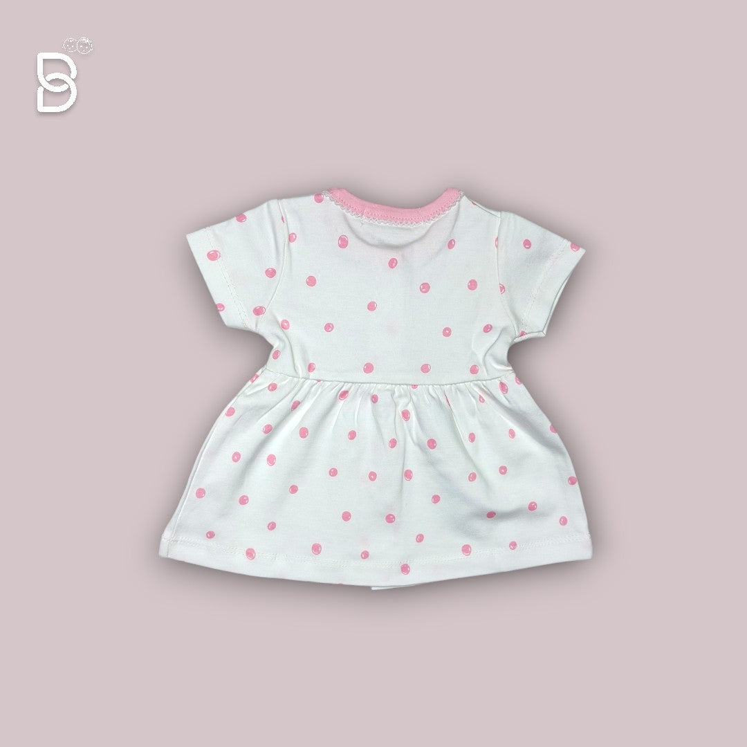WHITE COTTON HALF SLEEVES FROCK WITH POLKA PINK DOTS PRINT