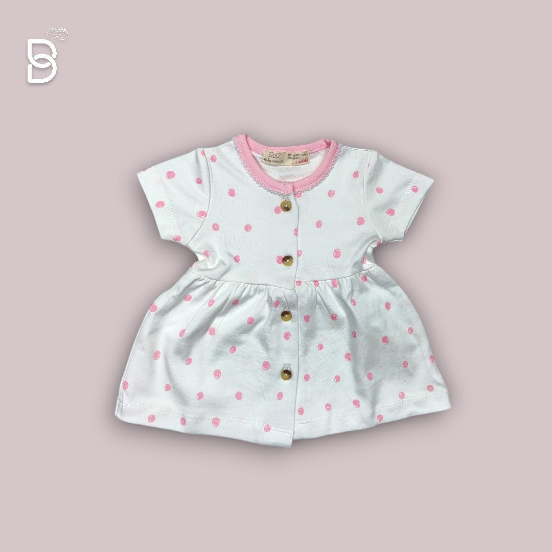 WHITE COTTON HALF SLEEVES FROCK WITH POLKA PINK DOTS PRINT