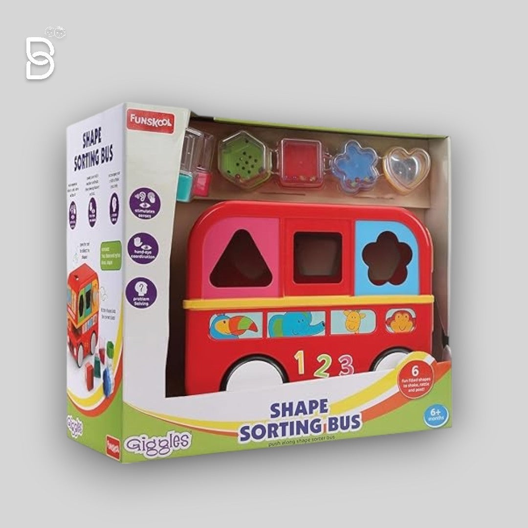 FUNSKOOL, SHAPE SORTING BUS, EDUCATIONAL TOY WITH BLOCKS, FEATURES SHAPES, FREE WHEELING, PRESCHOOL TOYS