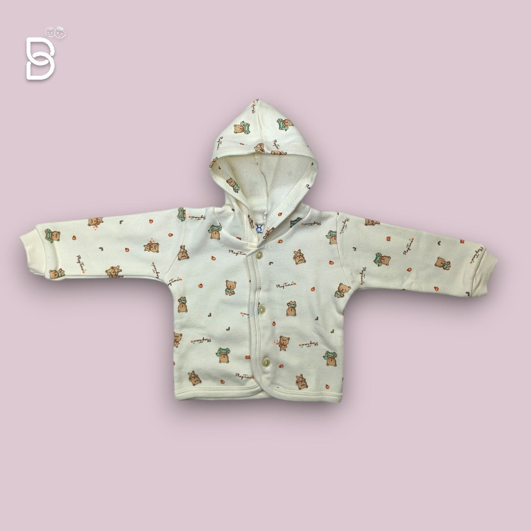 NEW BORN BABY HODDIE CREAM COLOR WITH TEDDY PRINT- PINK RABBIT