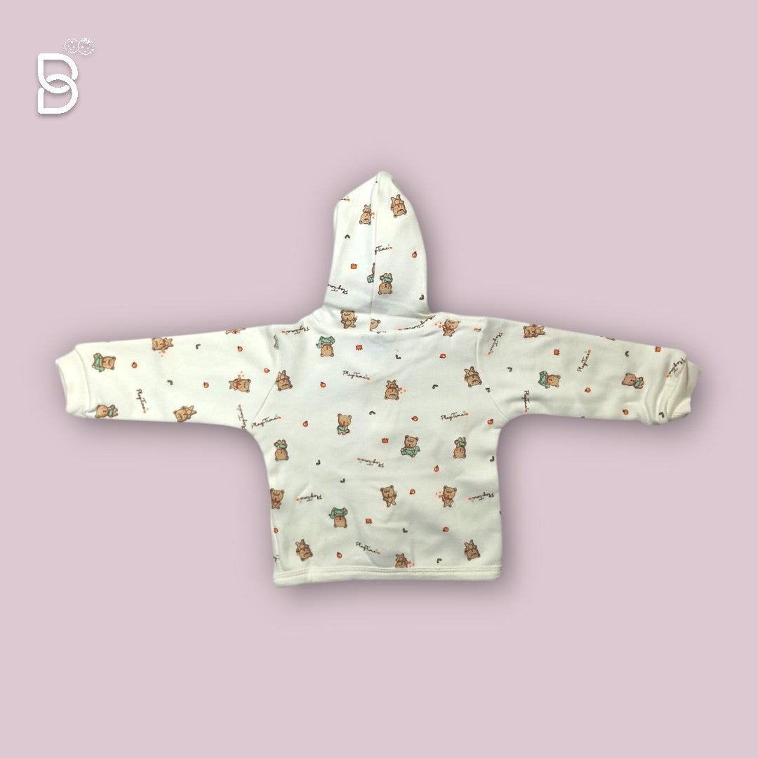 NEW BORN BABY HODDIE CREAM COLOR WITH TEDDY PRINT- PINK RABBIT