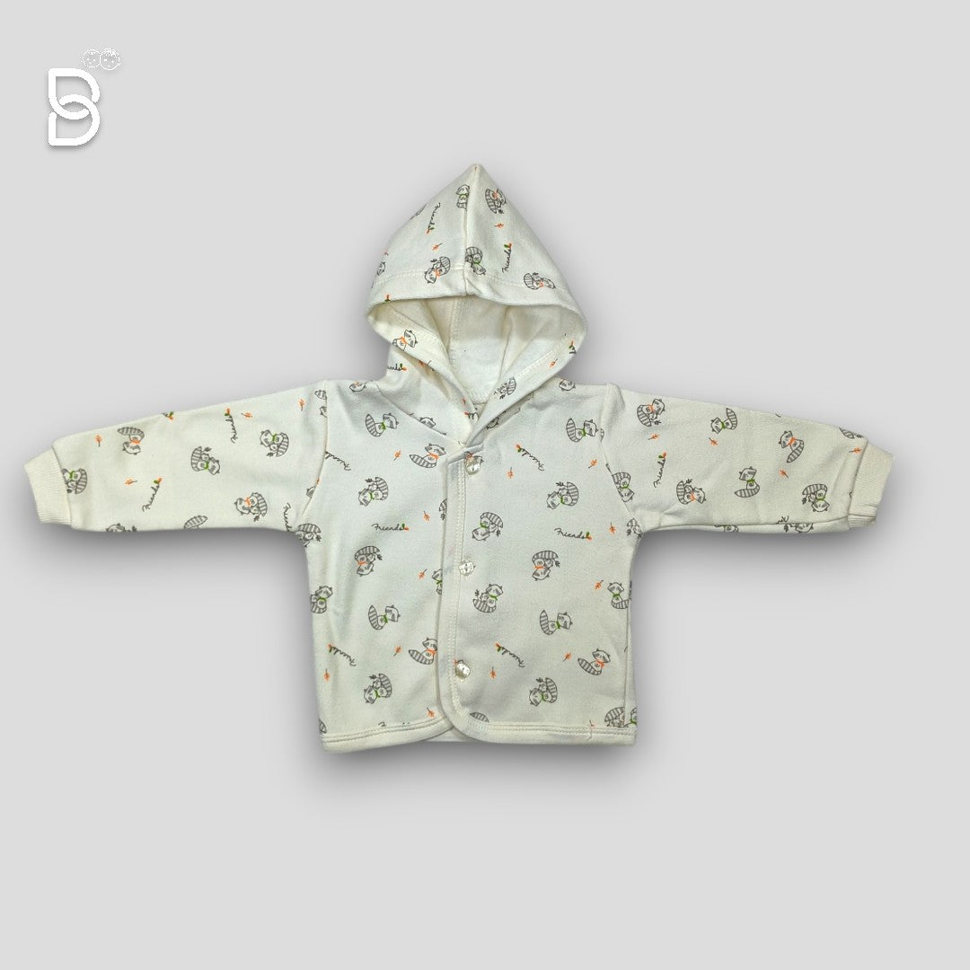 NEW BORN BABY HODDIE CREAM COLOR WITH SQUARREL PRINT- PINK RABBIT