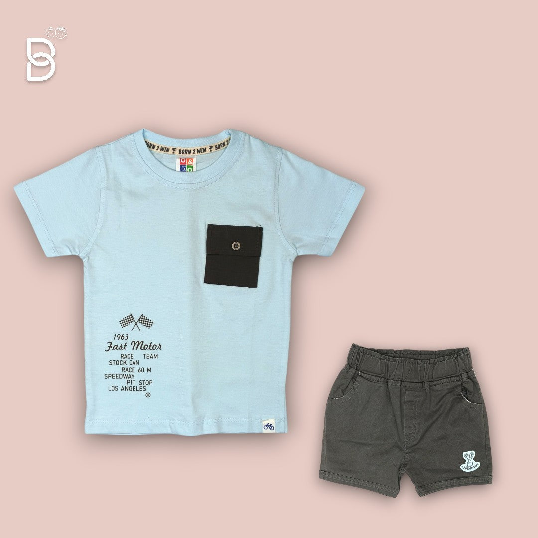 BOYS PRINTED T-SHIRT AND NICKER SKY BLUE- O&O
