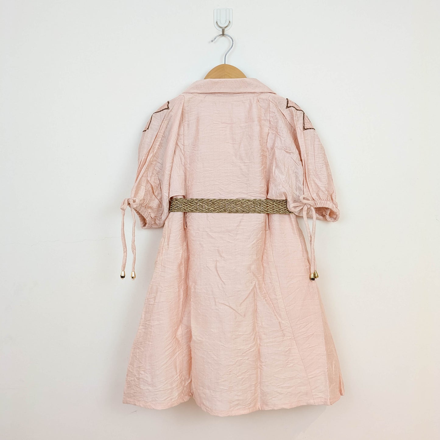 Elegant Blush Peach Sequined Shirt Dress with Woven Belt