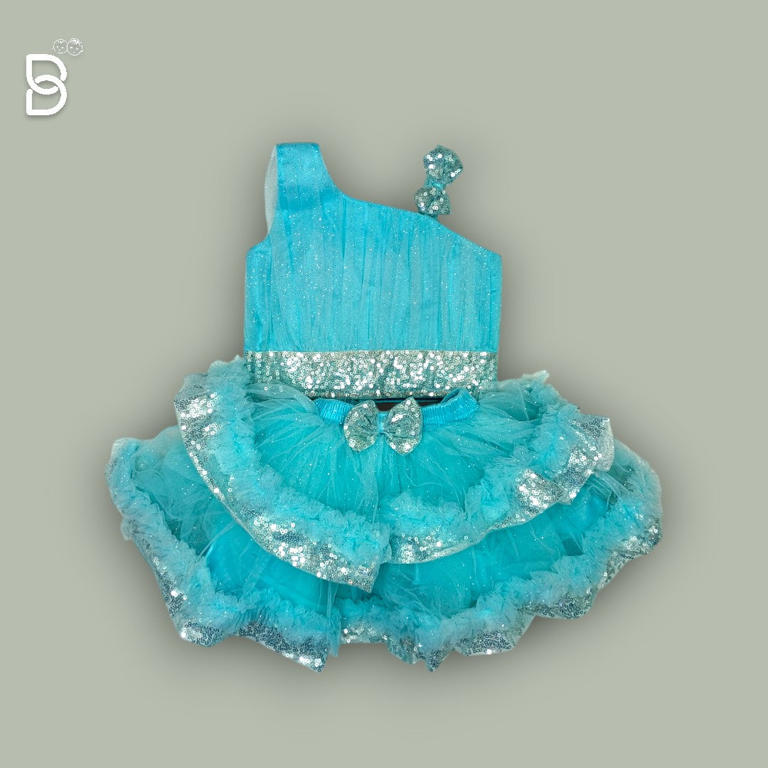 NEW BORN PARTY WEAR FROCK WITH HAIR BAND & SHOE BLUE COLOR