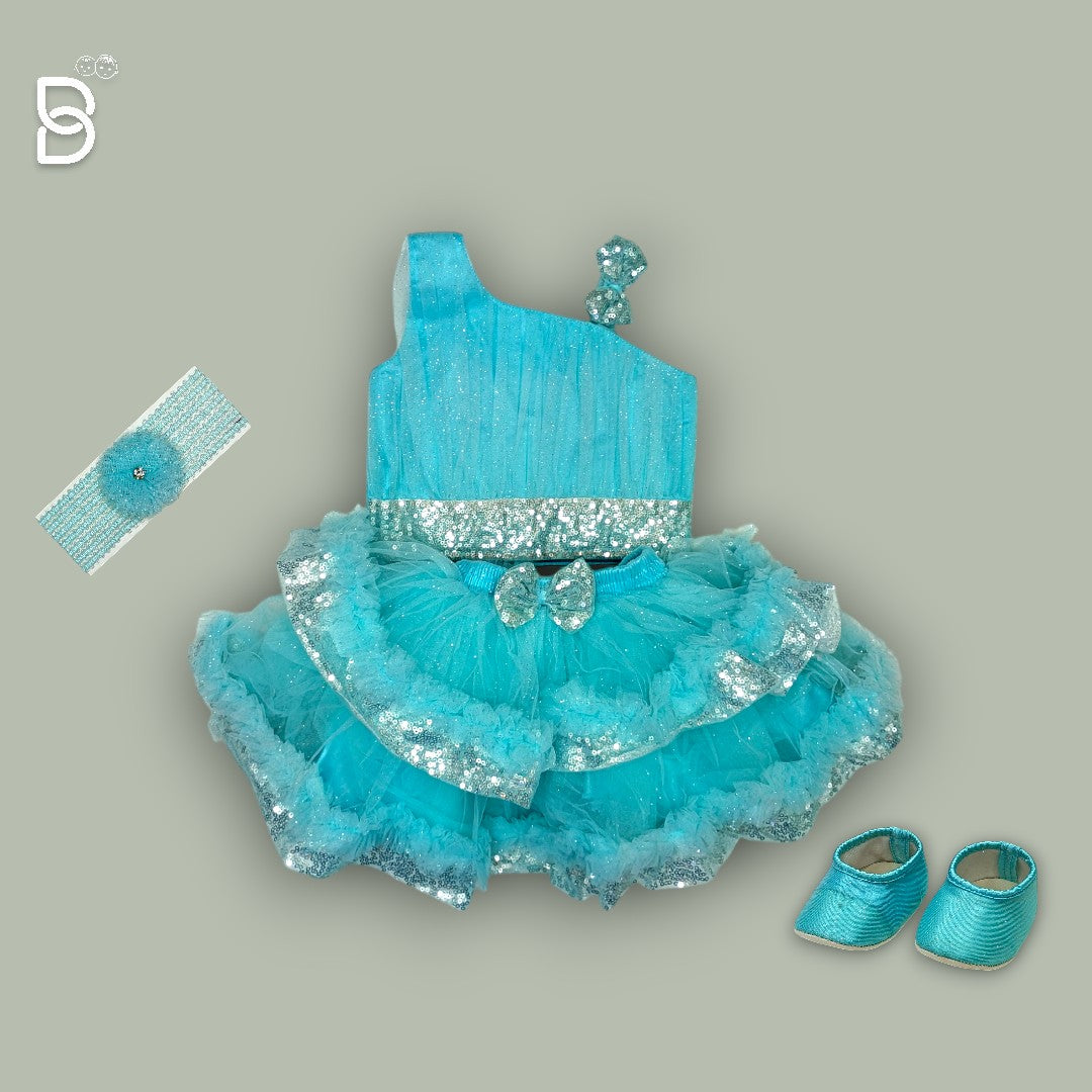 NEW BORN PARTY WEAR FROCK WITH HAIR BAND & SHOE BLUE COLOR
