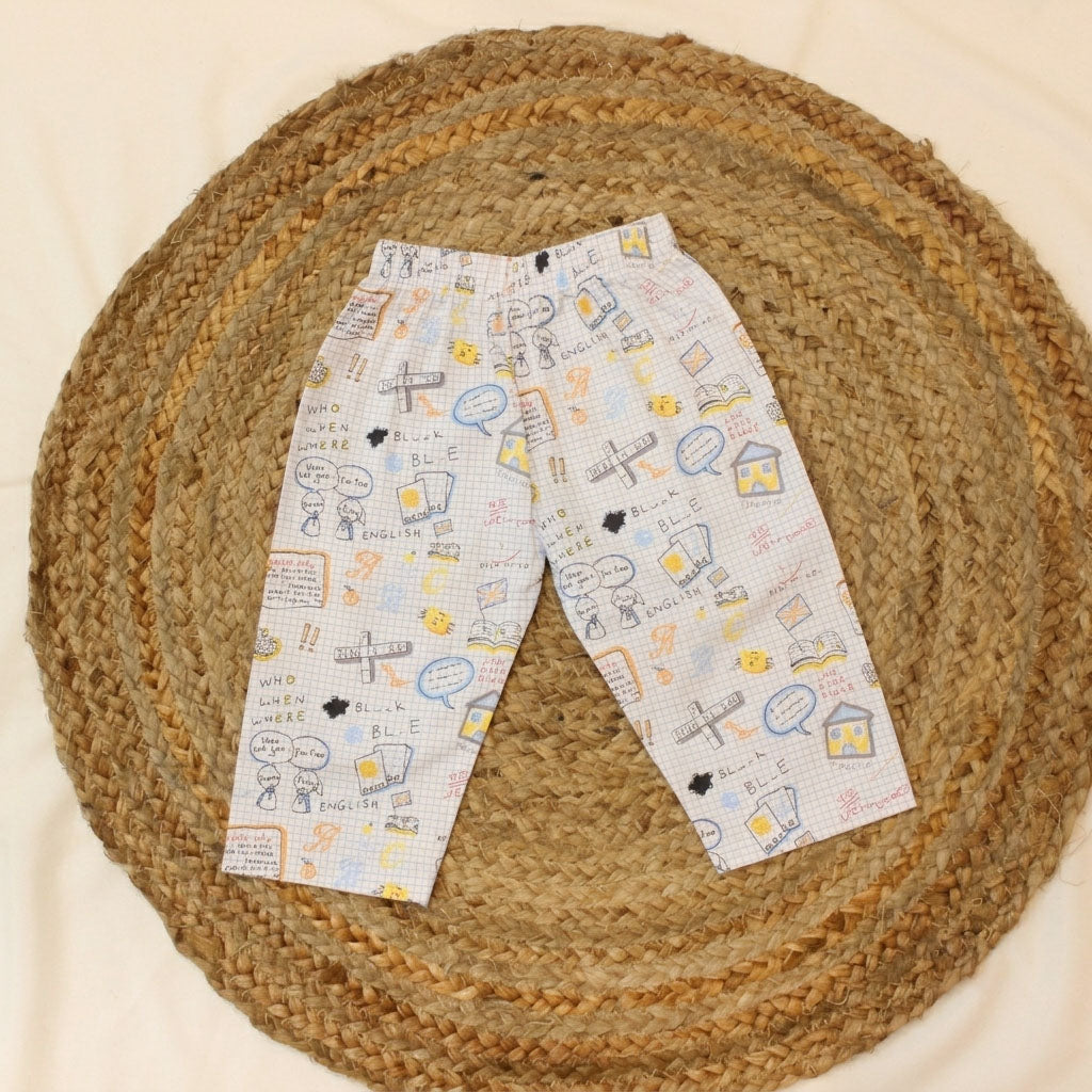 New Born Whimsical Doodle Sketch With Blue Strips Cotton Night Suit