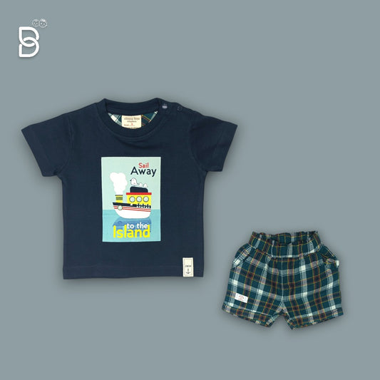 BOYS PRINTED T-SHIRT AND CHECKERED NICKER NAVY BLUE - OLLYPOP