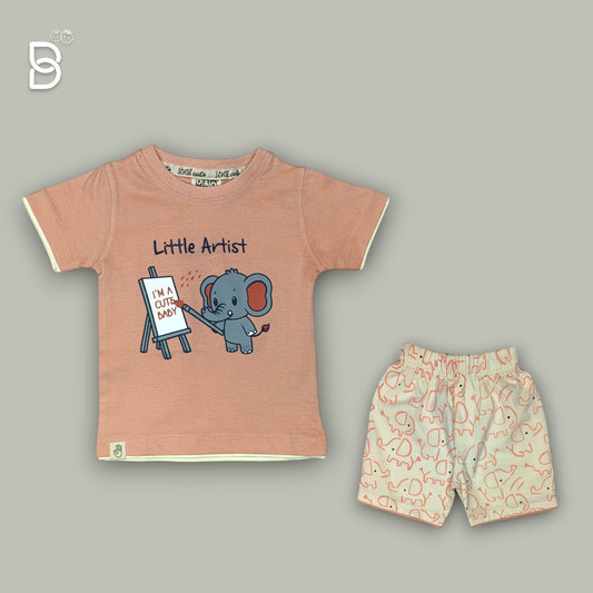 KIDS CASUAL WEAR ELEPHANT PRINTED T-SHIRT & NICKER PEACH - O&O