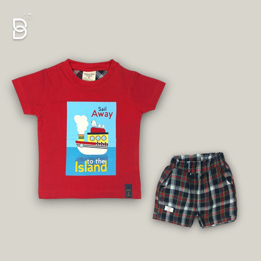 BOYS PRINTED T-SHIRT AND CHECKERED NICKER RED - OLLYPOP