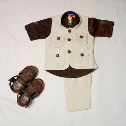 Boys 3-Piece Off-White & Dark Brown Safari Vest, Shirt & Trousers Set