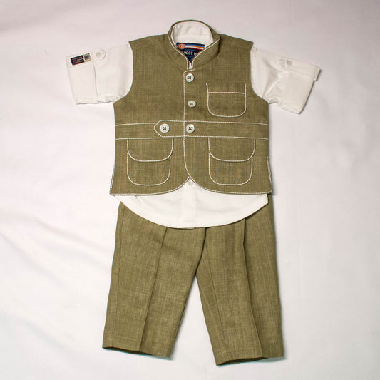 Boys 3-Piece Olive Green Utility Vest, Shirt & Trousers Set
