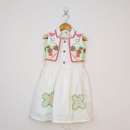 Off-White Folk-Embroidered Dress & Waistcoat Vest Set